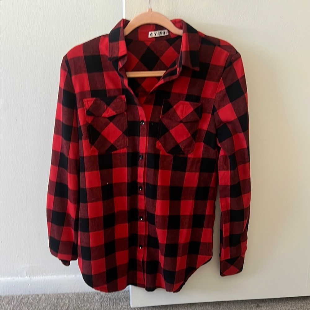 Red and Black Plaid Button-Up Shirt